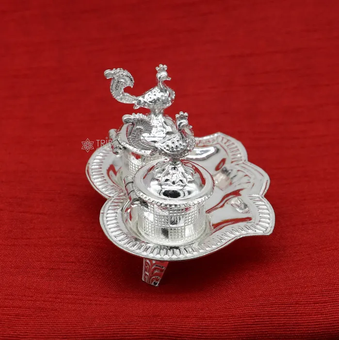 Necklaces TRIBAL ORNAMENTS 925 sterling silver handmade fabulous peacock design combo of two trinket box for kumkum sindur abil gulal rice best puja article stb826
