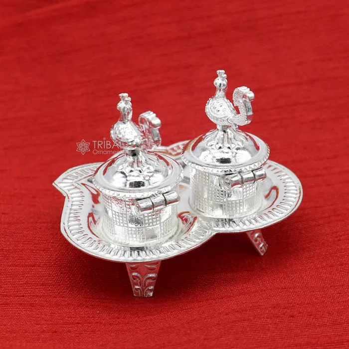 Necklaces TRIBAL ORNAMENTS 925 sterling silver handmade fabulous peacock design combo of two trinket box for kumkum sindur abil gulal rice best puja article stb826