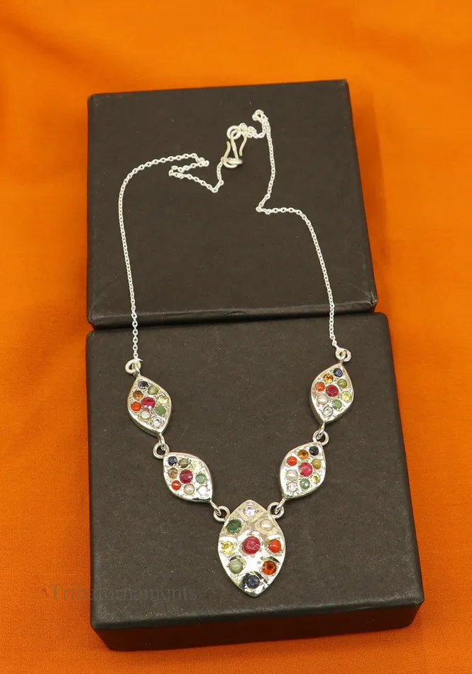 Necklaces TRIBAL ORNAMENTS 925 sterling silver Navratan stone handmade stylish design necklace best gifting tribal ethnic jewelry belly dance choker jewelry nec259