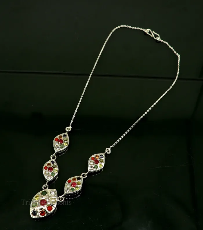 Necklaces TRIBAL ORNAMENTS 925 sterling silver Navratan stone handmade stylish design necklace best gifting tribal ethnic jewelry belly dance choker jewelry nec259