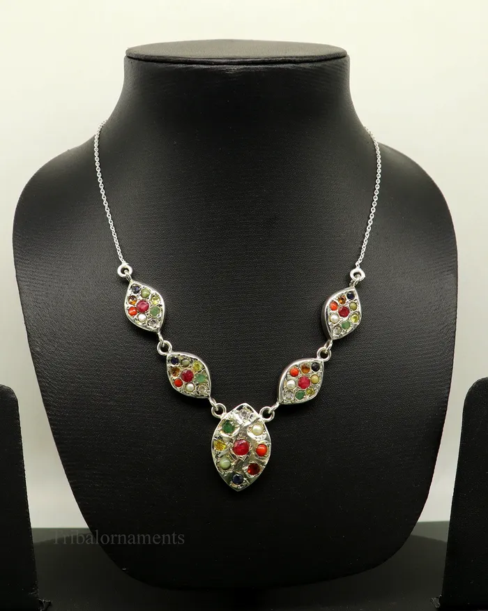 Necklaces TRIBAL ORNAMENTS 925 sterling silver Navratan stone handmade stylish design necklace best gifting tribal ethnic jewelry belly dance choker jewelry nec259