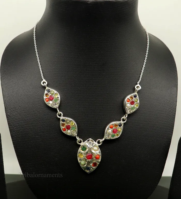 Necklaces TRIBAL ORNAMENTS 925 sterling silver Navratan stone handmade stylish design necklace best gifting tribal ethnic jewelry belly dance choker jewelry nec259