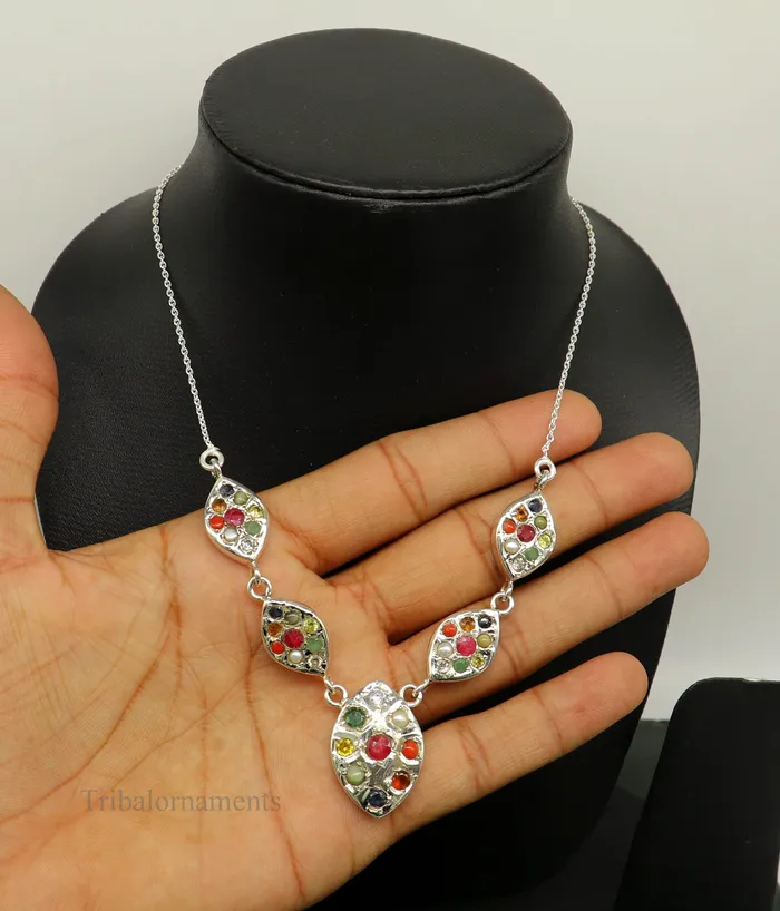 Necklaces TRIBAL ORNAMENTS 925 sterling silver Navratan stone handmade stylish design necklace best gifting tribal ethnic jewelry belly dance choker jewelry nec259