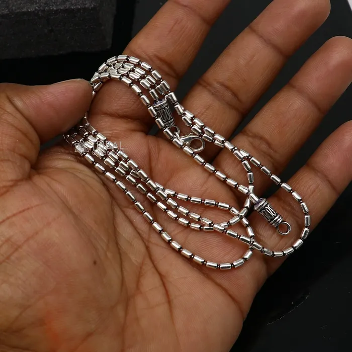 Necklaces TRIBAL ORNAMENTS All size 925 sterling silver handmade customized fancy stylish silver beaded chain necklace baht chain best gifting jewelry from India ch562 Necklaces TRIBAL ORNAMENTS All size 925 sterling silver handmade customized fancy stylish silver beaded chain necklace baht chain best gifting jewelry from India ch562