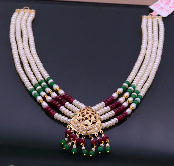 Necklaces TRIBAL ORNAMENTS Handmade genuine 22kt yellow gold handmade gorgeous necklace set with fabulous color beads wedding tribal rajput punjabijewelry india