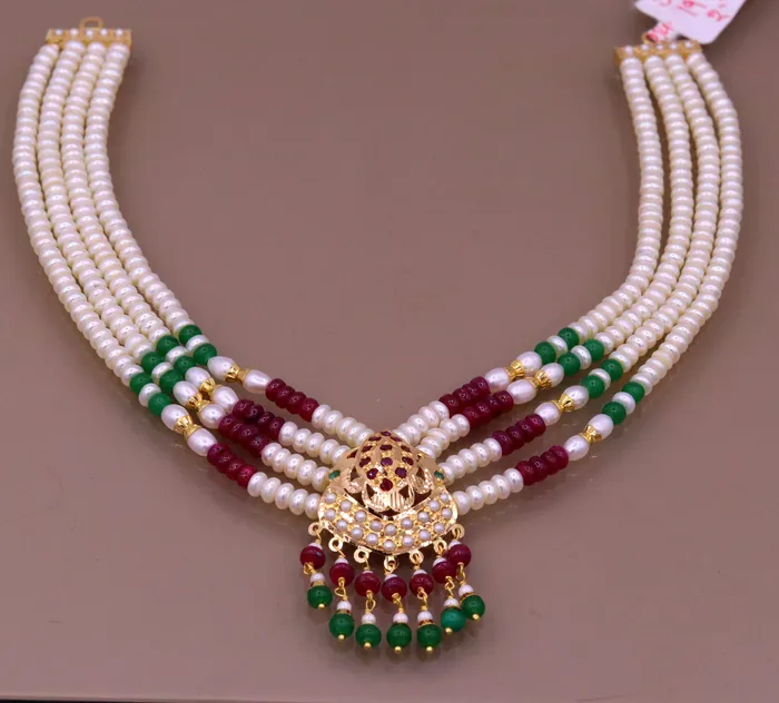 Necklaces TRIBAL ORNAMENTS Handmade genuine 22kt yellow gold handmade gorgeous necklace set with fabulous color beads wedding tribal rajput punjabijewelry india