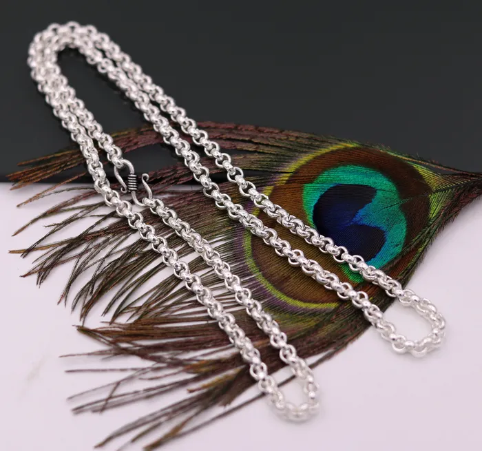 Necklaces TRIBAL ORNAMENTS Sterling silver handmade fabulous cable link rolo chain long unisex necklace jewelry from india ch42