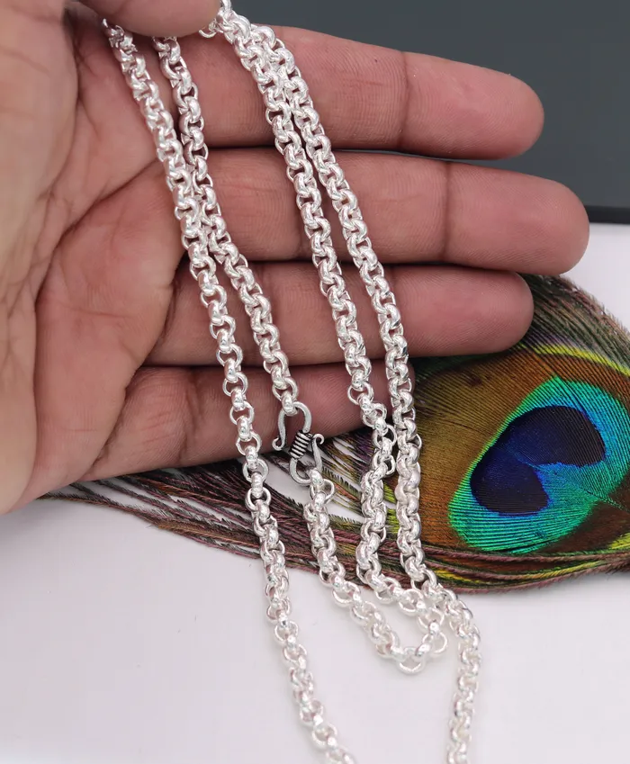Necklaces TRIBAL ORNAMENTS Sterling silver handmade fabulous cable link rolo chain long unisex necklace jewelry from india ch42