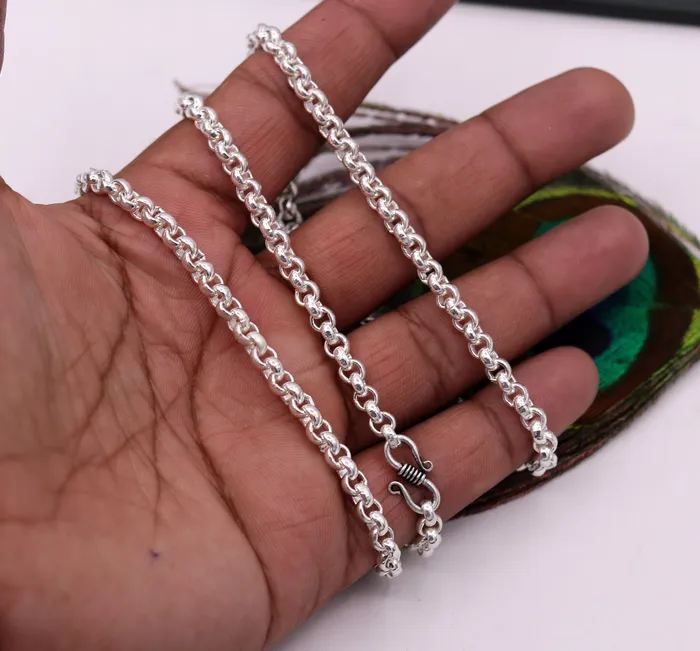 Necklaces TRIBAL ORNAMENTS Sterling silver handmade fabulous cable link rolo chain long unisex necklace jewelry from india ch42