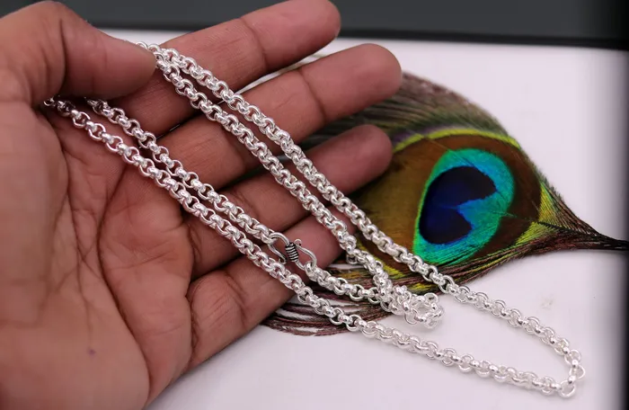 Necklaces TRIBAL ORNAMENTS Sterling silver handmade fabulous cable link rolo chain long unisex necklace jewelry from india ch42