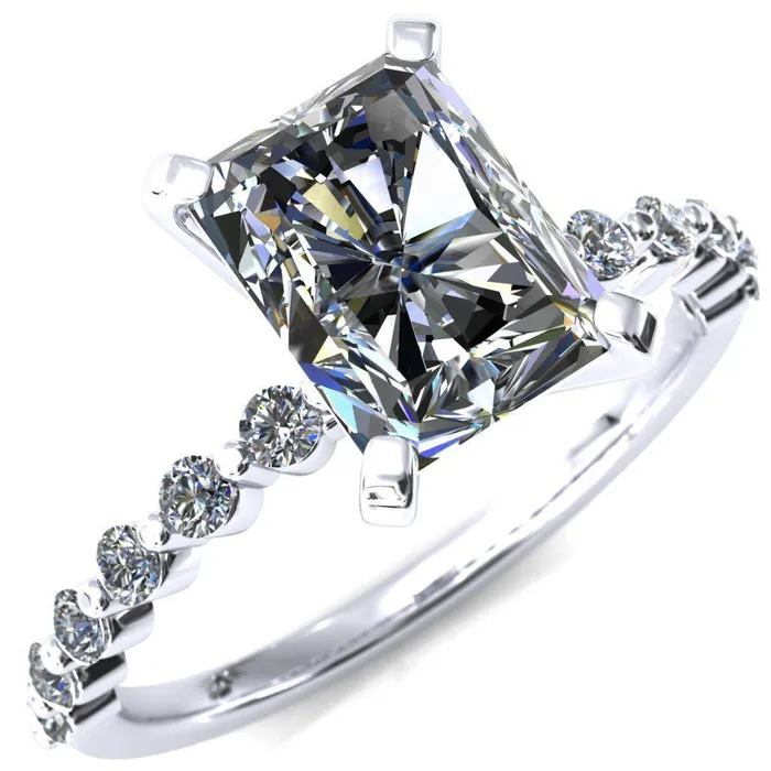Niamh Radiant Moissanite 4 VProng 12 Shared Single Prong Shank Engagement Ring Fire Brilliance Rings Niamh Radiant Moissanite 4 VProng 12 Shared Single Prong Shank Engagement Ring Fire Brilliance Rings