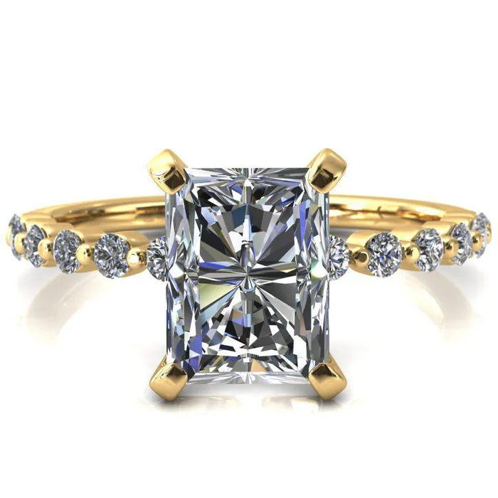 Niamh Radiant Moissanite 4 VProng 12 Shared Single Prong Shank Engagement Ring Fire Brilliance Rings