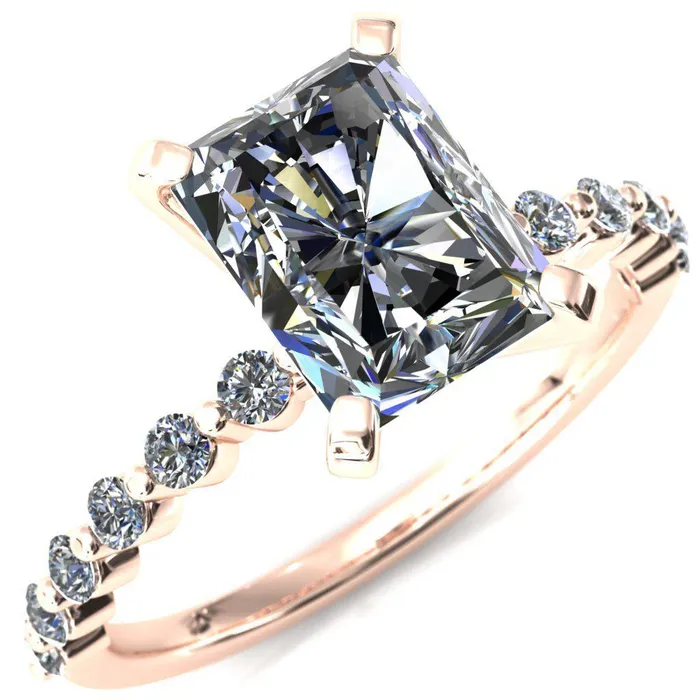 Niamh Radiant Moissanite 4 VProng 12 Shared Single Prong Shank Engagement Ring Fire Brilliance Rings