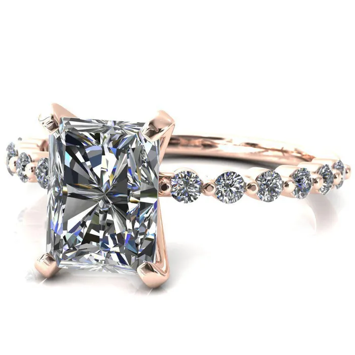 Niamh Radiant Moissanite 4 VProng 12 Shared Single Prong Shank Engagement Ring Fire Brilliance Rings