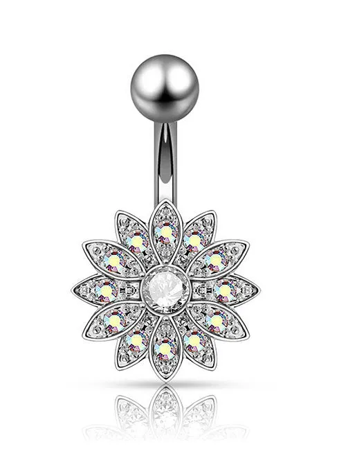 P121 Silver Iridescent Crystal Center Rhinestone Flower Belly Button Ring 02 Rings P121 Silver Iridescent Crystal Center Rhinestone Flower Belly Button Ring 02 Rings