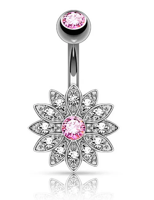 P135 Silver Pink Center Rhinestone Flower Belly Button Ring 02 Rings