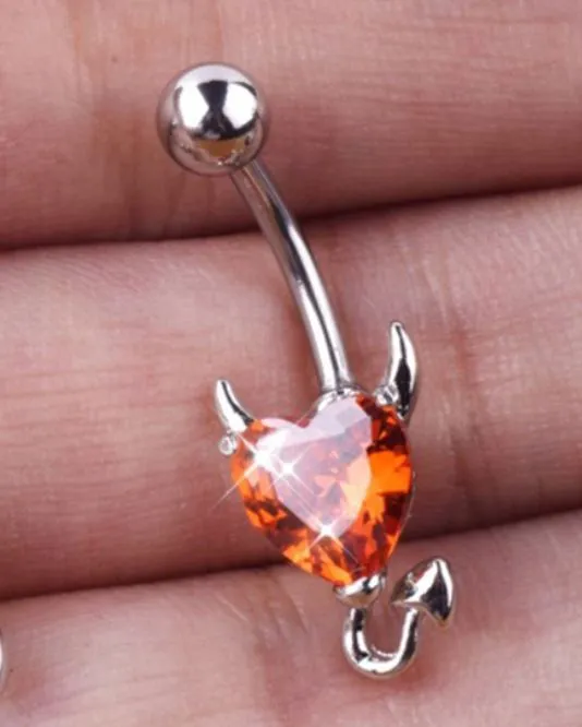 P65 Silver Orange Heart Gem Devil Belly Button Ring Alice Rings