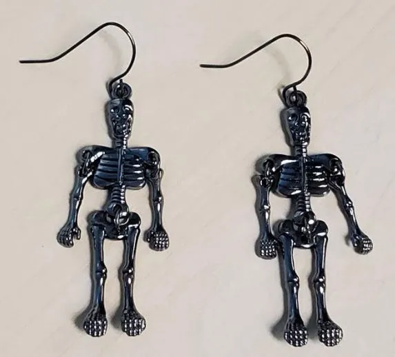 polly Earrings E1192 Gun Metal Skeleton Dangle Earrings