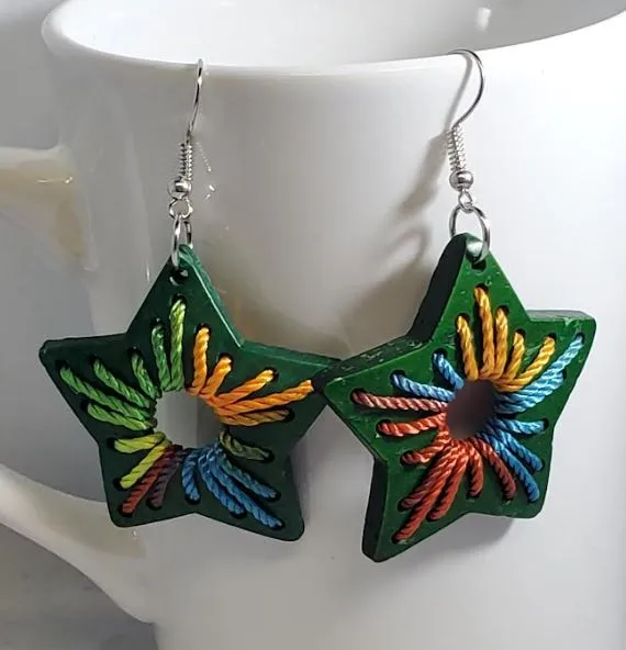 POLLY Earrings E1383 Green Star Coconut Shell Wooden Earrings