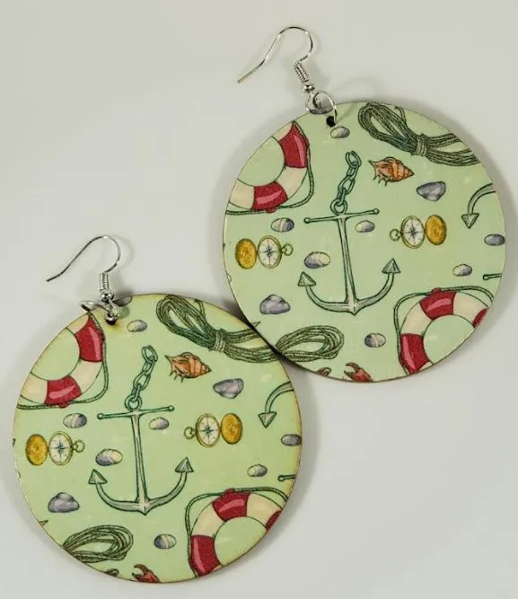polly Earrings E1500 Large Round Wooden Mint Green Boating Theme Earrings