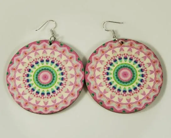 polly Earrings E87 Large Round Wooden Pink Festive Earrings