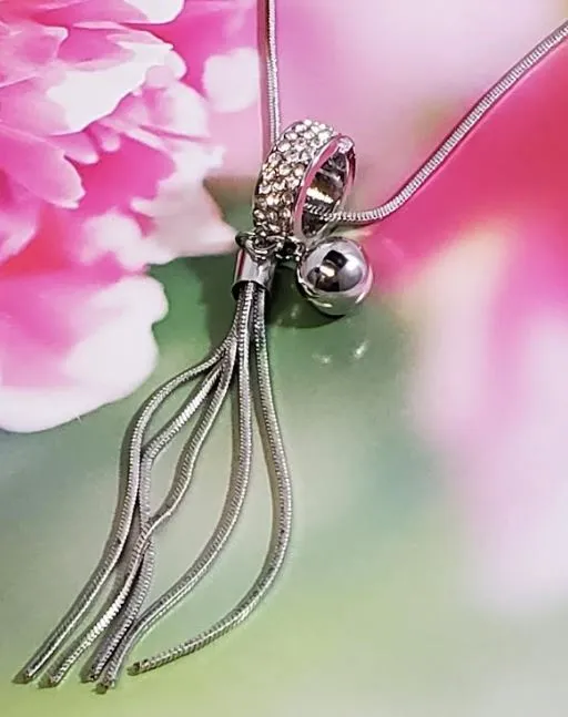 polly N178 Silver Rhinestone Hoop Tassel Necklace with FREE Earrings Necklaces