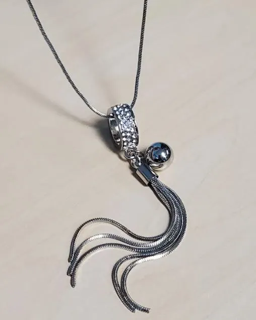 polly N178 Silver Rhinestone Hoop Tassel Necklace with FREE Earrings Necklaces