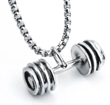 POLLY N454 Silver Dumbell Weight Lifting Pendant Necklace Necklaces