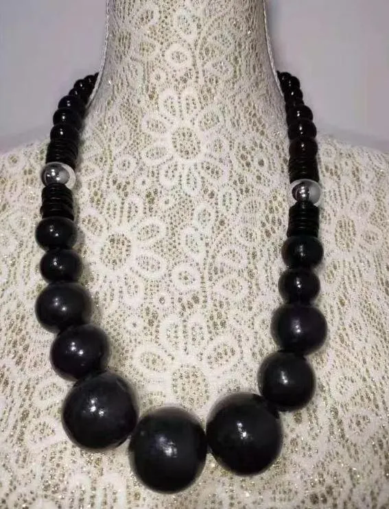 polly N619 Black Round Wooden Bead Necklace with FREE Earrings Necklaces