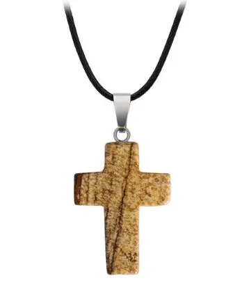 POLLY Necklaces N1057 Sandy Beige Cross Natural Quartz Stone on Leather Cord Necklace with FREE Earrings POLLY Necklaces N1057 Sandy Beige Cross Natural Quartz Stone on Leather Cord Necklace with FREE Earrings