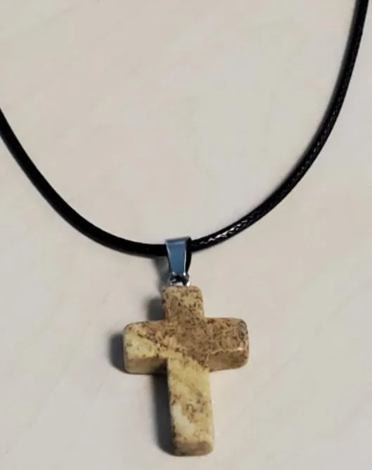 POLLY Necklaces N1057 Sandy Beige Cross Natural Quartz Stone on Leather Cord Necklace with FREE Earrings