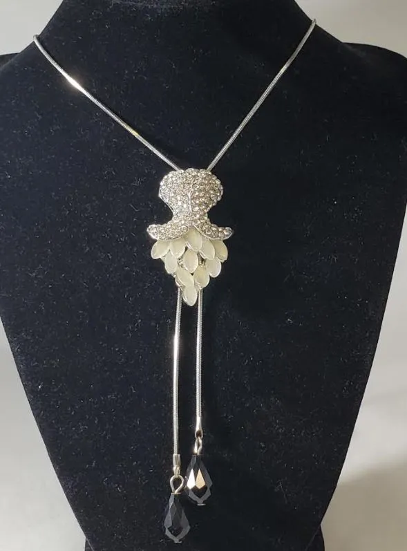polly Necklaces N2084 Silver Rhinestone Moonstone Black Gem Adjustable Sweater Necklace with FREE Earrings polly Necklaces N2084 Silver Rhinestone Moonstone Black Gem Adjustable Sweater Necklace with FREE Earrings