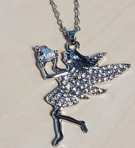 POLLY Necklaces N499 Silver Crystal Rhinestone Fairy Necklace with Free Earrings