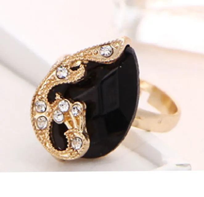 POLLY Rings AR36 Gold Black Gemstone Peacock Adjustable Ring