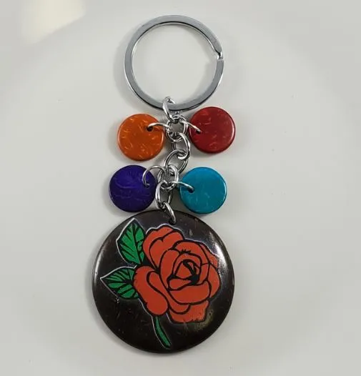 polly Rings K48 Red Rose Round Coconut Shell Colorful Wooden Disk Keychain