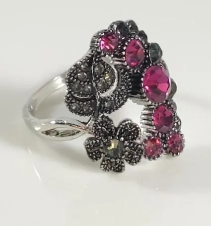 polly Rings R14 Gun Metal Floral Hot Pink Gemstone Ring