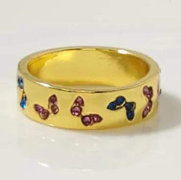 polly Rings R161 Gold Band Blue Pink Rhinestones Butterfly Ring