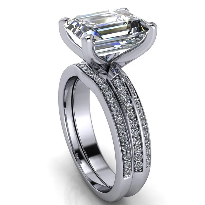 Priscilla Emerald Center Stone 4 Prong Double Channel Shank Engagement Ring Fire Brilliance Rings