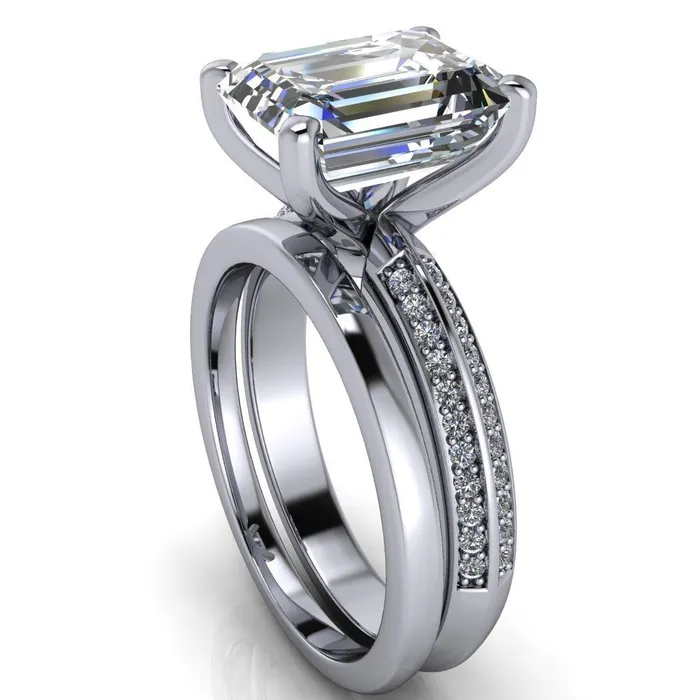 Priscilla Emerald Center Stone 4 Prong Double Channel Shank Engagement Ring Fire Brilliance Rings