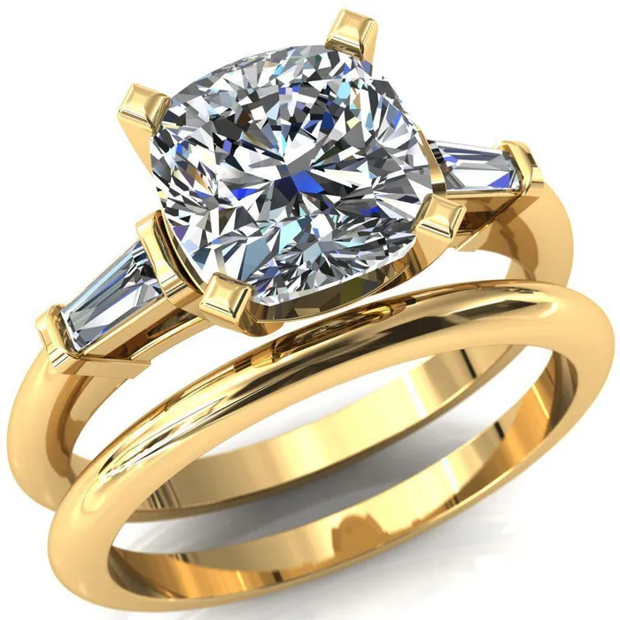 Quinn Cushion Center Stone 4 Prong Single Baguette Diamond Side Ring Fire Brilliance Rings