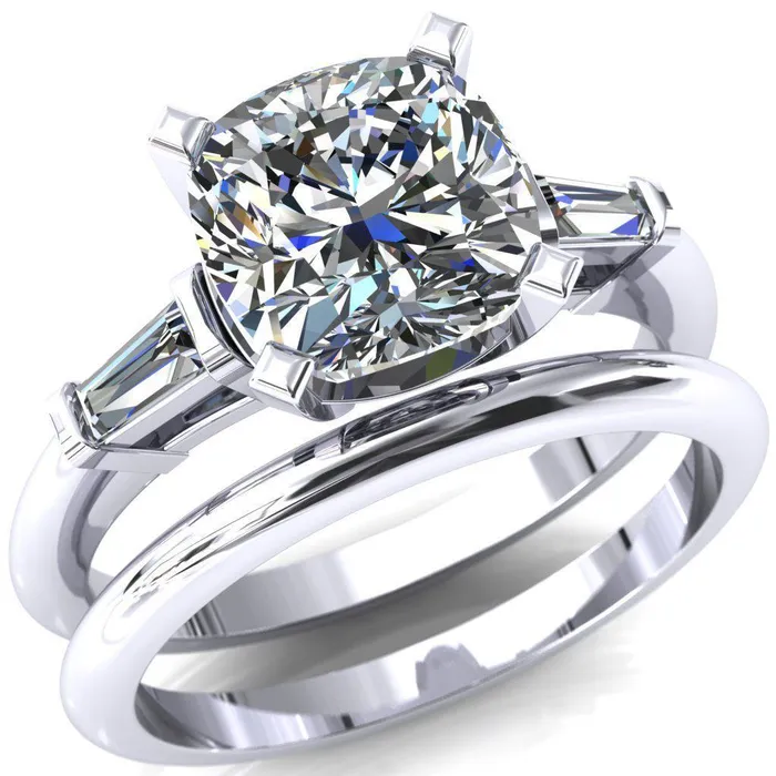 Quinn Cushion Center Stone 4 Prong Single Baguette Diamond Side Ring Fire Brilliance Rings