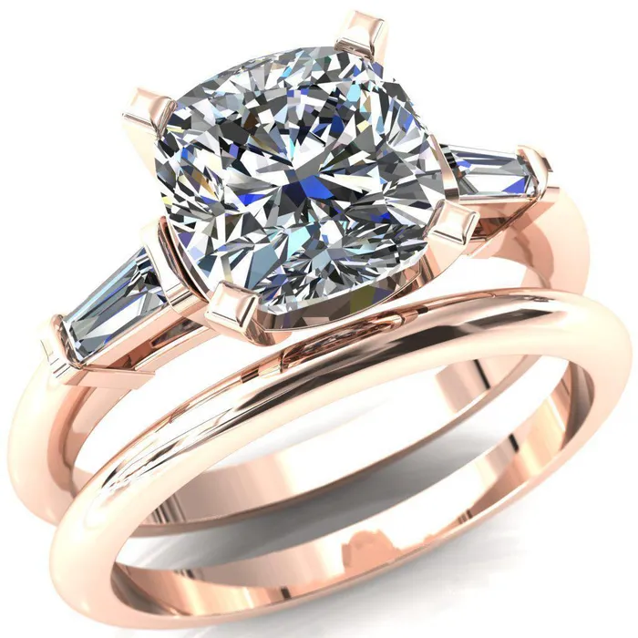 Quinn Cushion Center Stone 4 Prong Single Baguette Diamond Side Ring Fire Brilliance Rings
