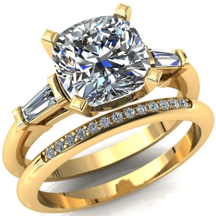 Quinn Cushion Center Stone 4 Prong Single Baguette Diamond Side Ring Fire Brilliance Rings