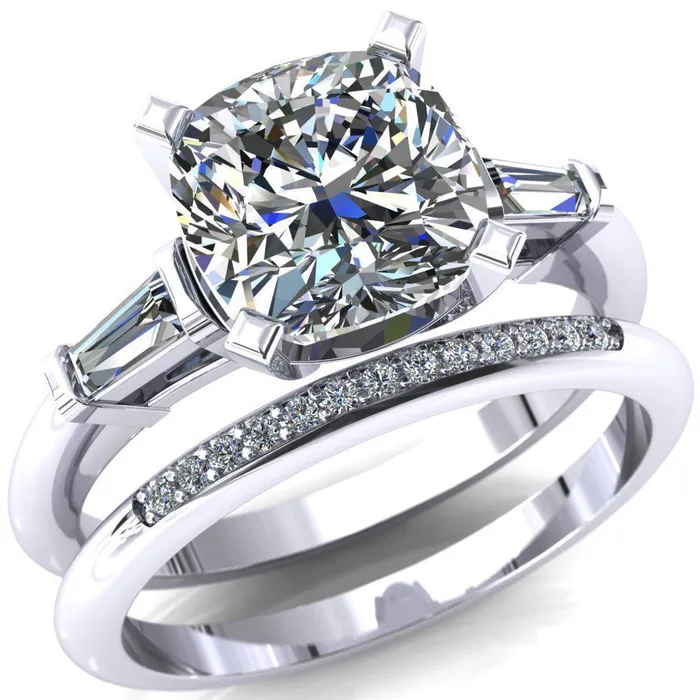 Quinn Cushion Center Stone 4 Prong Single Baguette Diamond Side Ring Fire Brilliance Rings