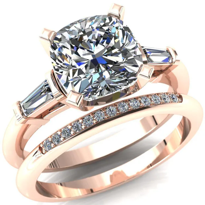Quinn Cushion Center Stone 4 Prong Single Baguette Diamond Side Ring Fire Brilliance Rings