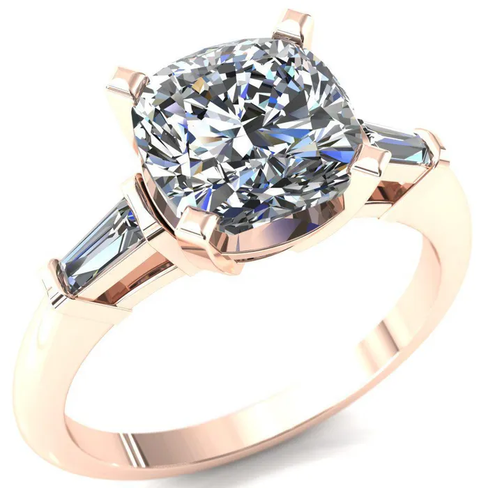 Quinn Cushion Center Stone 4 Prong Single Baguette Diamond Side Ring Fire Brilliance Rings