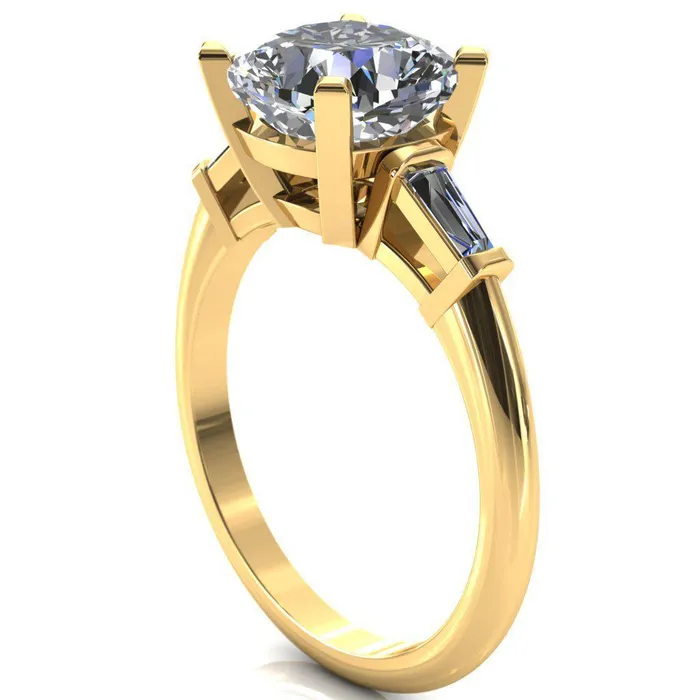 Quinn Cushion Center Stone 4 Prong Single Baguette Diamond Side Ring Fire Brilliance Rings