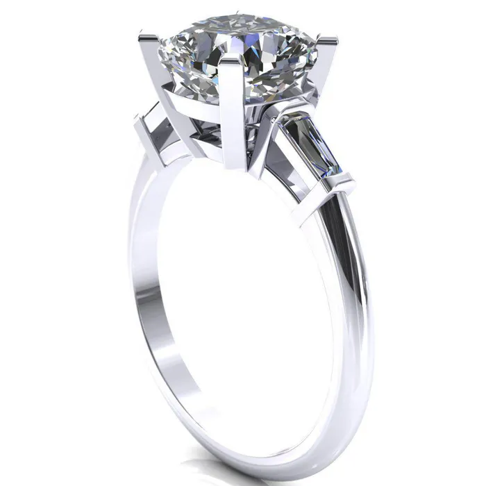 Quinn Cushion Center Stone 4 Prong Single Baguette Diamond Side Ring Fire Brilliance Rings