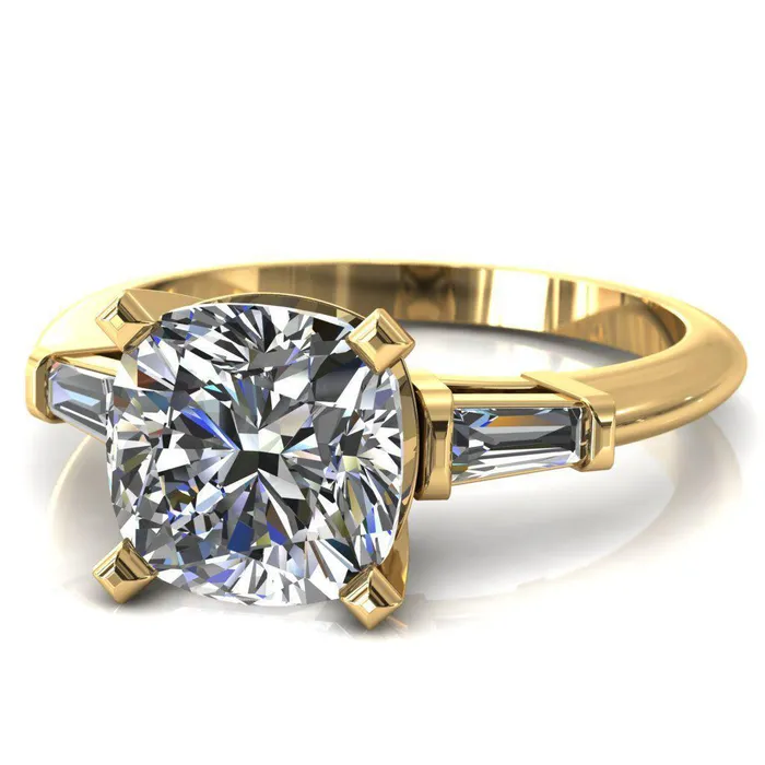 Quinn Cushion Center Stone 4 Prong Single Baguette Diamond Side Ring Fire Brilliance Rings