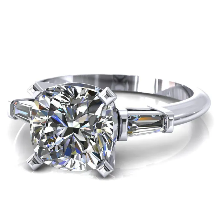 Quinn Cushion Center Stone 4 Prong Single Baguette Diamond Side Ring Fire Brilliance Rings